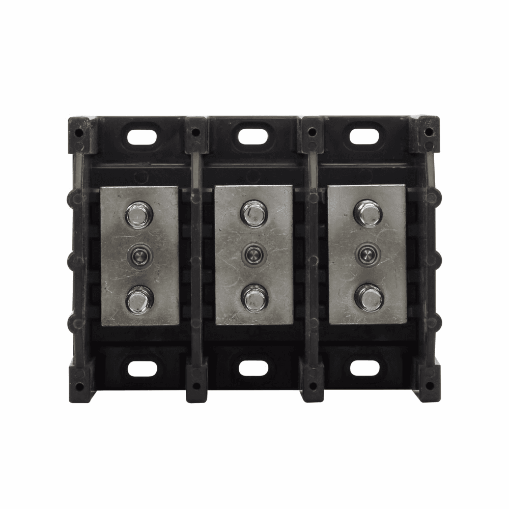 Cooper Bussmann 16390-3 16390-3 Cooper Bussmann - Eaton Bussmann series power terminal block, 600 Vac, 600 Vdc, 250A, Power terminal block, Three-pole, 3/8 In-16 TPI X 1-1/8 In Stud (Line/Load), SCCR: 10 kA, Black, Molded Thermoplastic Base, Tin-plated aluminum connector