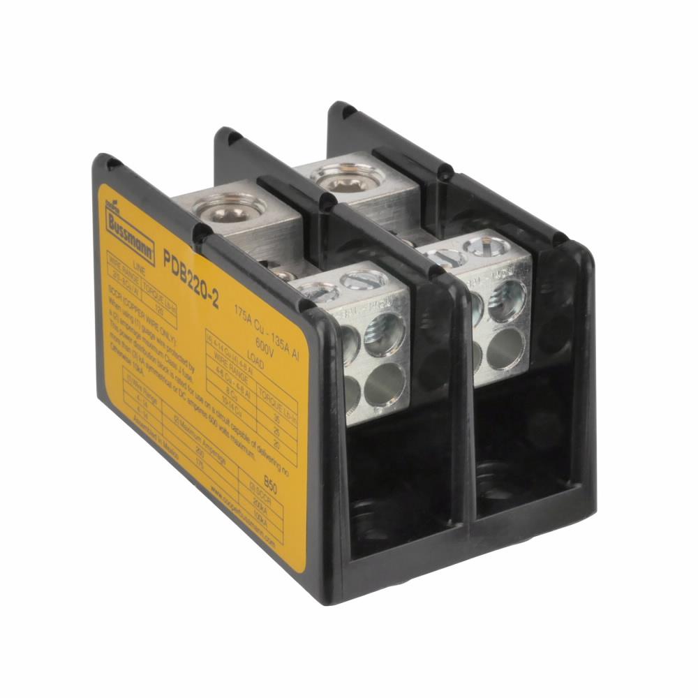 Eaton PDB220-2 Eaton Bussmann series PDB power distribution block, 600V, 175A, Power distribution block, Two-pole, SCCR: 200 kA*, Panel, Tin-plated aluminum connectors - PDB220-2