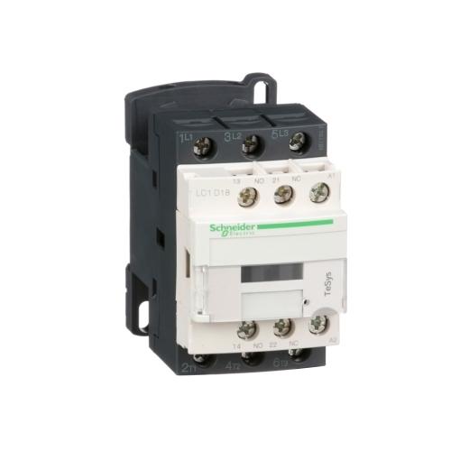 Schneider Electric LC1D18B7 Schneider Electric LC1D18B7 is a magnetic contactor from the Deca sub-range, featuring screw connections and designed with 3 poles (3P; 3NO). It has a rated current of 32A (AC-1) and 18A (440Vac; AC-3), with a mounting mode suitable for DIN rail installation. The net width of the contactor is 45 mm, and it offers a degree of protection rated at IP20. The control voltage (AC) ranges from 19.2-26.4Vac (24Vac nominal; 50Hz; 0.8...1.1 x Uc) to 20.4-26.4Vac (24Vac nominal; 60Hz; 0.85...1.1 x Uc), with a rated operating voltage (Ue) of 690 V. It includes 1 Normally Open (NO) auxiliary contact and 1 Normally Closed (NC) auxiliary contact, both of the instantaneous type (1NO+1NC). The rated impulse voltage (Uimp) is 6 kV. Its rated active power spans from 4kW (220-230Vac; AC-3) to 10kW (660-690Vac; AC-3), and the rated power (HP) ranges from 1HP (115Vac; single-phase; 50Hz/60Hz; UL/CSA) to 15HP (575-600Vac; 3-phase; 50Hz/60Hz; UL/CSA). The mechanical durability of the LC1D18B7 is rated at 15,000,000 operations, with an electrical durability (with load) of 1,600,000 operations. The rated voltage (AC) for phase-to-phase connections is 690 V.