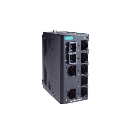 Moxa EDS-2008-EL-M-SC Unmanaged Fast Ethernet switch with 7 10/100BaseT(X) ports, 1 100BaseFX multi-mode port with SC connectors, 12/24/48 power input, metal housing, -10 to 60°C operating temperature