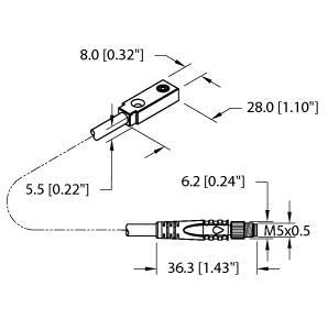 Turck NI3.5-Q5.5-AN6X-0.3-VSG3M Inductive Sensor, Rated switching distance 3.5 mm, Cable length (L) 0.3 m, Non-flush, Rectangular, height 5.5 mm, Active face on top, Plastic, PP, DC 3-wire, 10…30 VDC, NO contact, NPN output, Pigtail with M5 connector