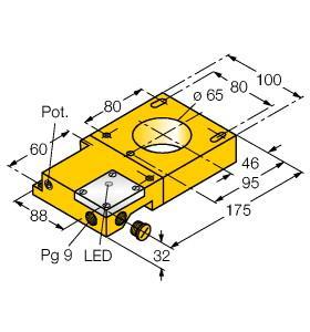 Turck NI65R-S32SR-VP44X Inductive Sensor, Ring Sensor, , Rectangular, height 32 mm, Plastic, ABS, Static output behavior, Sensitivity adjusted via potentiometer, Modular design, ring probe and switching amplifier also separately mountable, Output pulse length min. 100 ms, DC 4-wire, 10…55 VDC, Changeover contact, PNP output, Terminal chamber