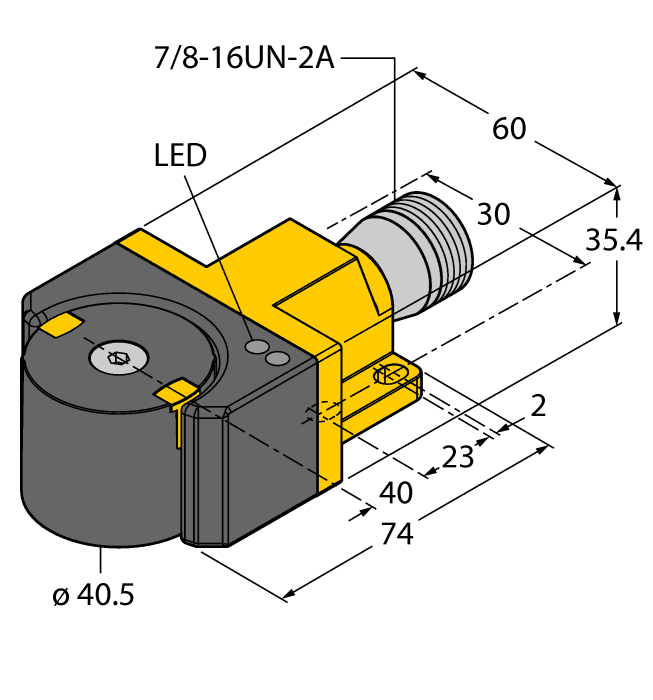 Turck RI360P1-DSU35-ELIU5X2-B1150/S1265 Turck RI360P1-DSU35-ELIU5X2-B1150/S1265 is a contactless rotary inductive angle sensor designed for precise angle measurement. It operates within an ambient air temperature range of -25 to +75°C and features a blind hole shaft with increased resolution, making it suitable for washdown applications. This sensor is equipped with a 5-pin Minifast 7/8"-16UN connector for easy installation and is part of the Q-track DSU35 series. With dimensions of H60mm x W71mm x D36mm, it has a rectangular shape and is constructed from a Plastic PP-GF30 housing and a Plastic PA66 + PA6I/6T-GF40 positioning element, ensuring durability. The sensor offers a degree of protection of IP68 and IP69K, operates on a supply voltage of 15Vdc-30Vdc (24Vdc nom.), and has a frequency of 500Hz sampling rate. It features a 6mm bore size and includes protection functions against short-circuit, wire-break, magnetic field, and reverse polarity. The sensor provides an analog output (0-10Vdc / 4-20mA; 16-bit resolution) with a resolution of ≤0.09° / 12-bit resolution. Visual position indicators include a green LED for power indication/measuring range display and a yellow LED for switching state. It offers a measurement accuracy of ≤0.025% of full scale, a current consumption of 50mA, and can measure angular positions from 0° to +360°.