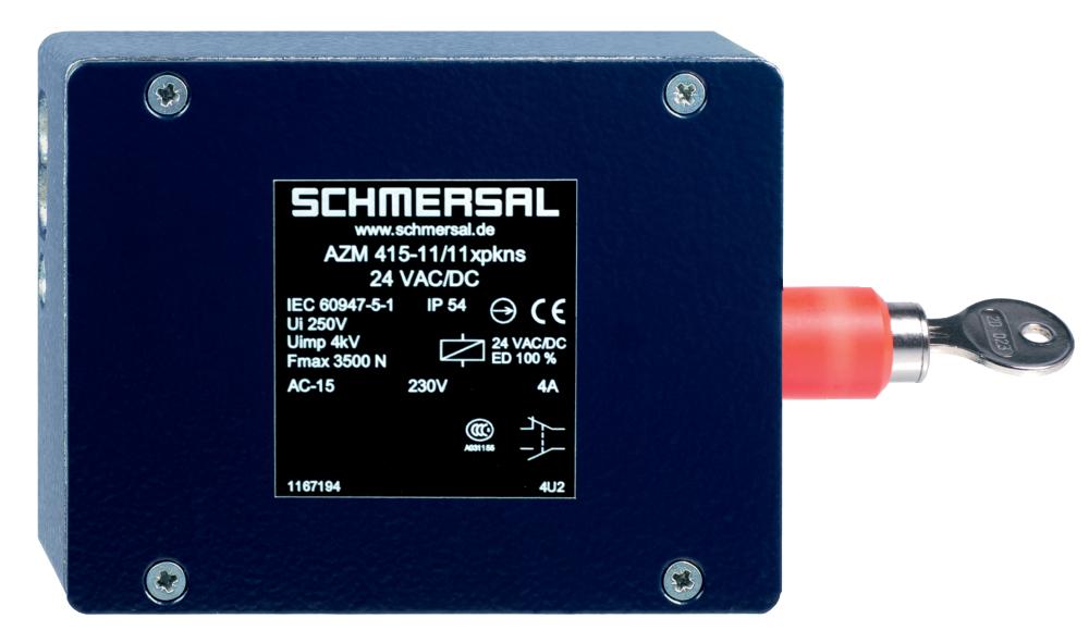Schmersal AZM 415-02/11XPKNS 24VAC/DC Solenoid interlocks; Adjustable ball latch to 400 N; Problem-free opening of stressed doors by means of bell-crank system; 2 switches in one enclosure; Ex version available; Emergency release; 162 mm x 100 mm x 46,5 mm; Metal enclosure; Interlock with pro