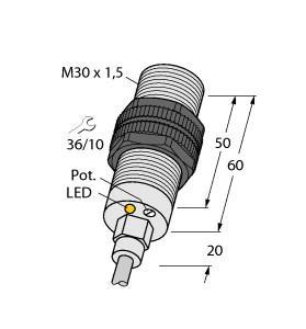 Turck BC10-PT30-VP4X2 Capacitive Sensor, Rated switching distance 15 mm, Cable length (L) 2 m, Flush, M30 × 1.5 threaded barrel, Plastic, PVDF, Fine adjustment via potentiometer, DC 4-wire, 10…65 VDC, Complementary contact, PNP output, Cable connection