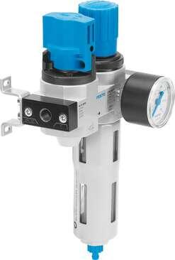 Festo 192456 service unit LFR-1/2-D-DI-MAXI-KC-A consisting of manual on/off valve and filter regulator, with mounting brackets. With automatic condensate drain. Size: Maxi, Series: D, Actuator lock: Rotary knob with lock, Assembly position: Vertical +/- 5°, Grade of 
