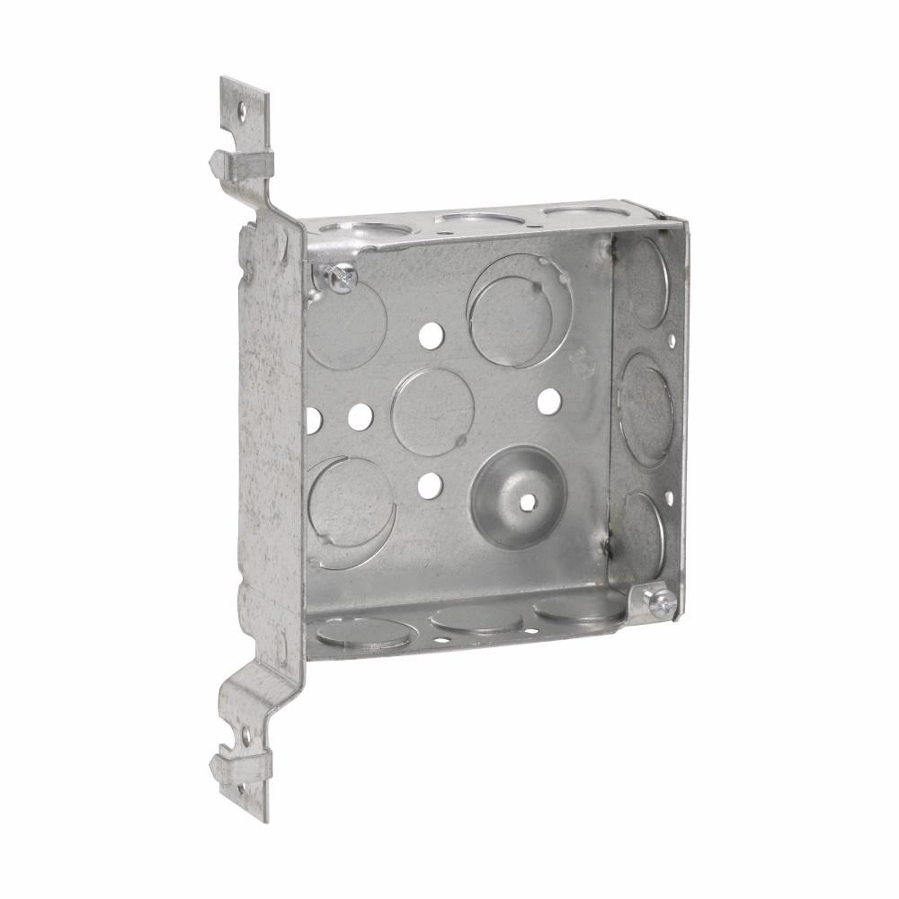 Eaton Corp TP425 Eaton Crouse-Hinds series Square Outlet Box, (2) 1/2", (2) 1/2", (1) 3/4" E, 4", VP, Conduit (no clamps), Welded, 1-1/2", Steel, (6) 1/2", (3) 1/2", (1) 3/4" E, 22.0 cubic inch capacity