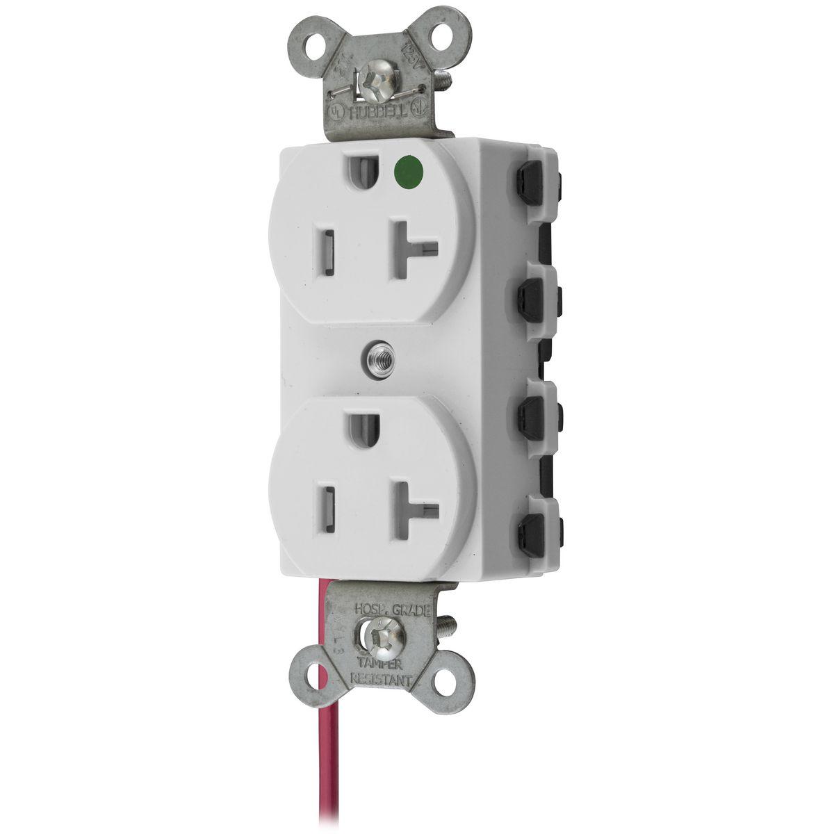 Hubbell SNAP8300WSCTRA Straight Blade Devices, Receptacles, Duplex, SNAPConnect, Hospital Grade, Tamper Resistant, Split Circuit, 20A 125V, 2-Pole 3-Wire Grounding, 5-20R, Nylon, White, USA  ; Audible SNAP, indicates solid connection ; Reduces installation time ; Tamper-Resista