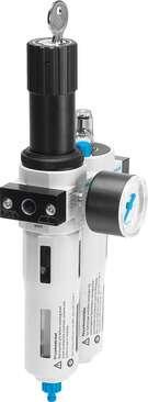 Festo 194900 service unit FRCS-3/8-D-MIDI Filter/pressure regulator/lubricator combination, D series, with lockable regulator head. Size: Midi, Series: D, Actuator lock: Rotary knob with integrated lock, Assembly position: Vertical +/- 5°, Condensate drain: manual rot