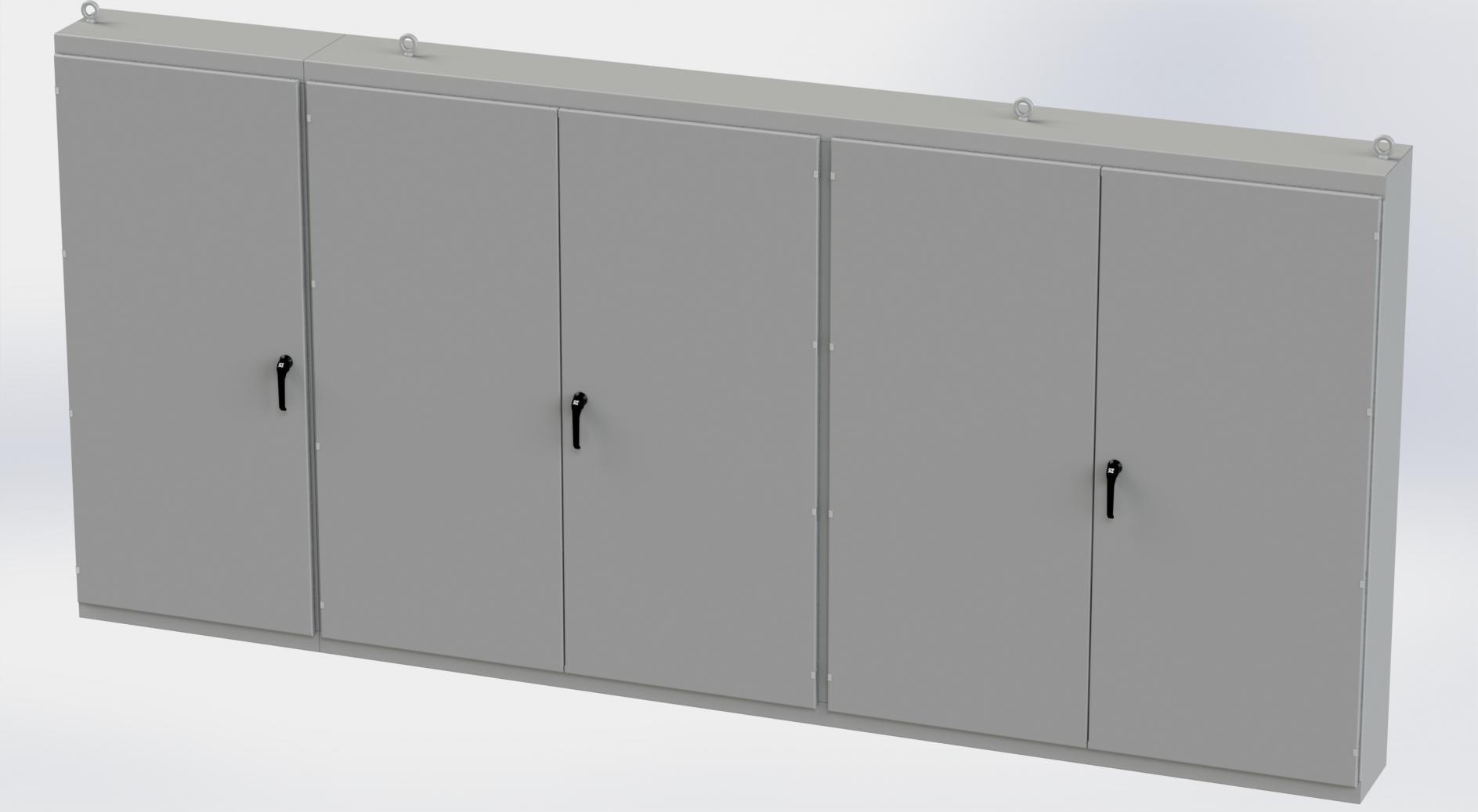 Saginaw Control SCE-86M5E Enclosure, Multi-Door, Height:86.00", Width:187.00", Depth:14.00", ANSI-61 gray powder coating inside and out. Sub-panels are powder coated white.