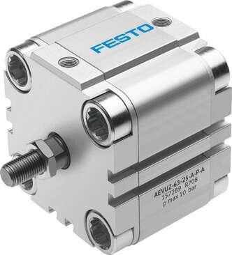 Festo 157294 compact cylinder AEVUZ-100-10-A-P-A For proximity sensing, piston-rod end with male thread. Stroke: 10 mm, Piston diameter: 100 mm, Cushioning: P: Flexible cushioning rings/plates at both ends, Assembly position: Any, Mode of operation: (* single-acting, 