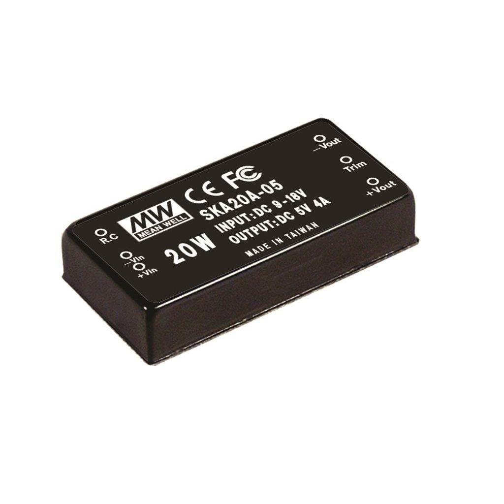MEAN WELL SKA20C-12 DC-DC Converter PCB mount; Input 36-75Vdc; Output 12Vdc at 1.666A; DIP Through hole package; Built-in EMI filter; 2" x 1" compact size
