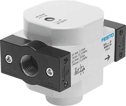 Festo 173922 on-off valve HEL-3/4-D-MAXI-NPT Used in conjunction with service units for gradual pressure build-up. The valve function is equivalent to a 2/2-way valve. Grid dimension: 65 mm, Exhaust-air function: throttleable, Type of actuation: pneumatic, Sealing pri
