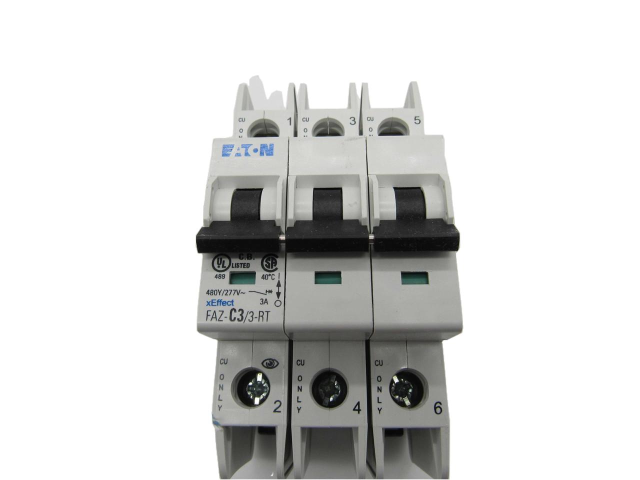 Eaton FAZ-C3/3-RT 277/480 VAC 50/60 Hz, 3 A, 3-Pole, 10/14 kA, 5 to 10 x Rated Current, Ring Tongue Terminal, DIN Rail Mount, Standard Packaging, C-Curve, Current Limiting, Thermal Magnetic