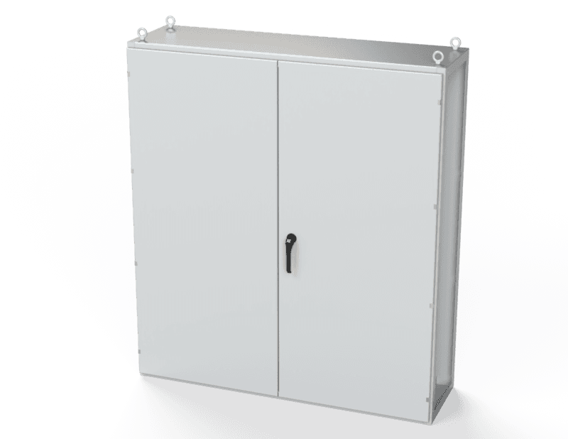 Saginaw Control SCE-T181605LG 2DR IMS Enclosure, Height:70.87", Width:62.99", Depth:18.00", Powder coated RAL 7035 gray inside and out.