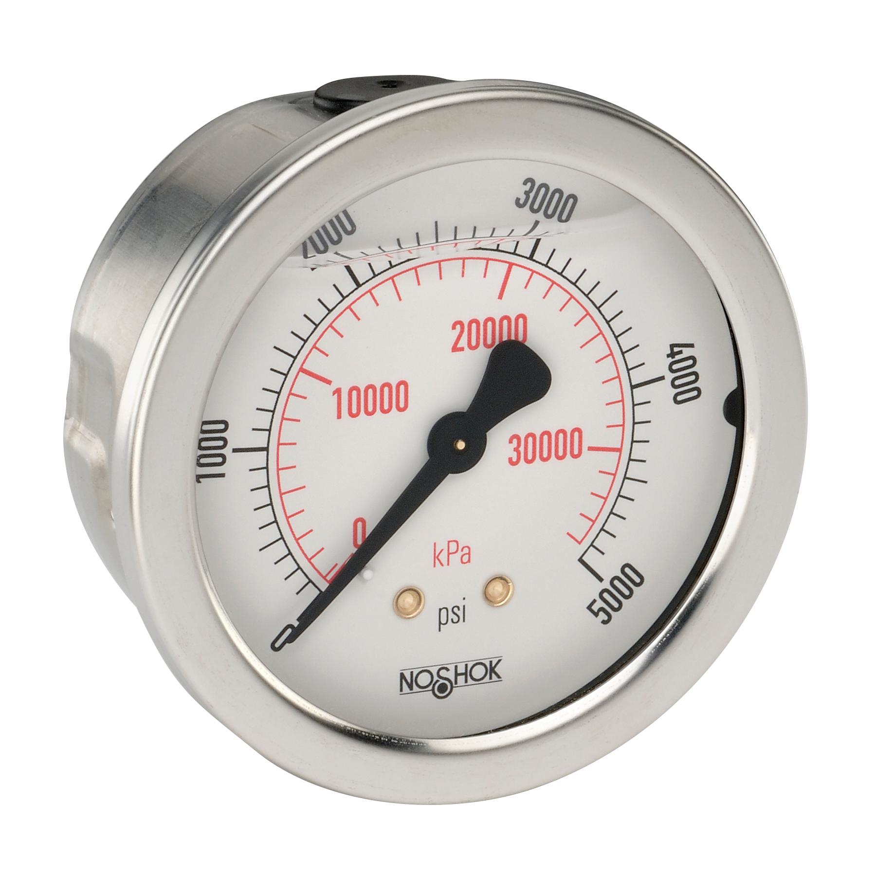 Noshok 25-911-300-PSI/BAR 2-1/2'' 304 Stainless Steel Case, Copper Alloy Internals, 300 psi/bar, 1/4'' National Pipe Thread (NPT) Male Back Connection Pressure Gauge with Glycerin Filled