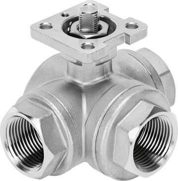 Festo 4834303 ball valve VZBE-2-T-63-F-3T-F0507-V15V15 Stainless steel, 3/2-way, nominal width 2", top flange F0507, PN63, ASME B1.20.1 - NPT. Design structure: (* 3-way ball valve, * T hole), Type of actuation: mechanical, Sealing principle: soft, Assembly position: A
