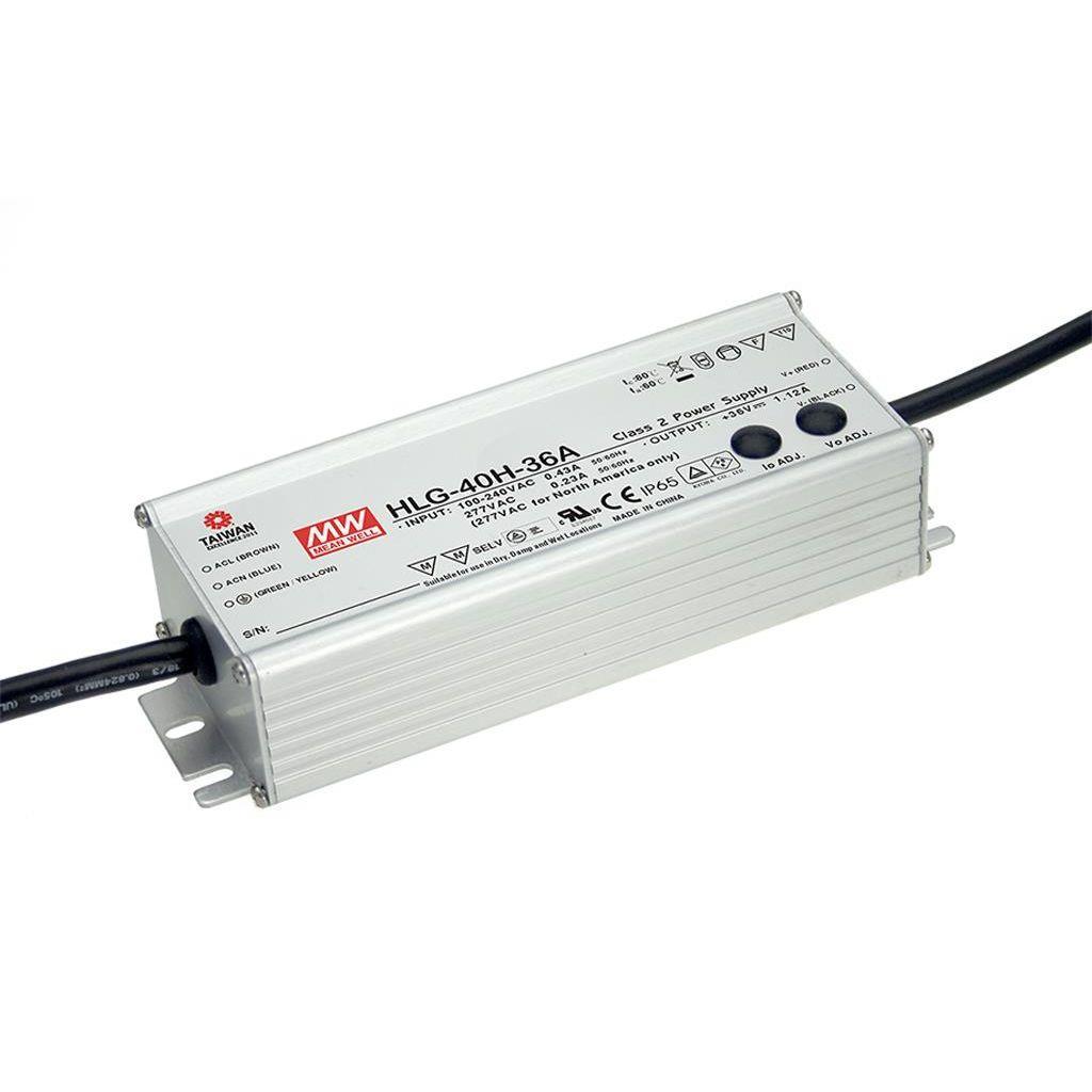 MEAN WELL HLG-40H-20 AC-DC Single output LED driver Mix mode (CV+CC) with built-in PFC; Output 20Vdc at 2A; IP67; Cable output