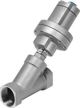 Festo 8060516 angle seat valve VZXA-A-TS6-32-M2-V13T-16-M-90-26-PR-V4 Modular, pneumatically actuated angle seat valve in stainless steel. Over seat version, safety position closed, G thread, nominal width DN32. Design structure: Poppet valve with diaphragm actuator, T