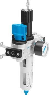 Festo 195024 service unit LFRS-1/4-D-MINI-KB With lockable regulator head and pressure gauge, for nominal pressure 12 bar, for unlubricated compressed air. Size: Mini, Series: D, Actuator lock: Rotary knob with integrated lock, Assembly position: Vertical +/- 5°, Grad