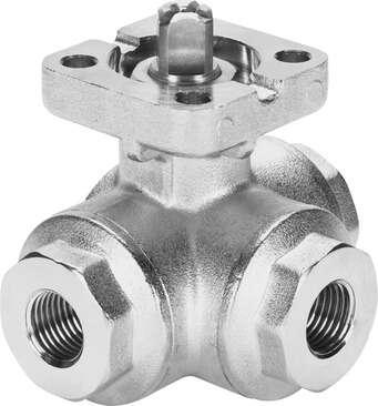Festo 1692226 ball valve VZBA-3/4"-GGG-63-32T-F0405-V4V4T 3/2-way, flange hole pattern F0405, thread EN 10226-1. Design structure: (* 3-way ball valve, * T hole), Type of actuation: mechanical, Sealing principle: soft, Assembly position: Any, Mounting type: Line instal