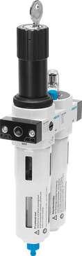 Festo 194999 service unit FRCS-3/4-D-5M-O-DI-MAXI-A Filter/pressure regulator/lubricator combination, D series, with lockable regulator head. Size: Maxi, Series: D, Actuator lock: Rotary knob with integrated lock, Assembly position: Vertical +/- 5°, Condensate drain: 