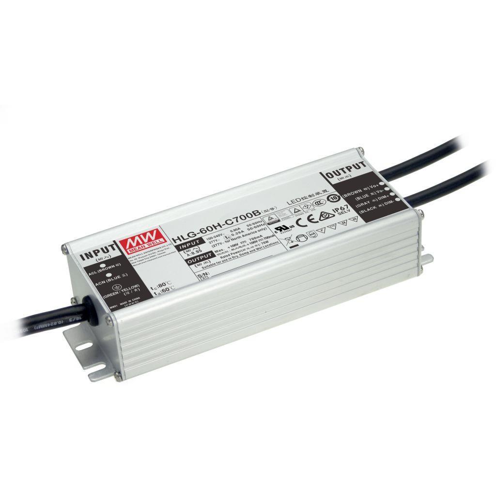 MEAN WELL HLG-60H-36AB AC-DC Single output LED Driver Mix Mode (CV+CC) with PFC; Output 36Vdc at 1.7A; IP65; Dimming with 1-10V PWM resistance; Io and Vo adjustable through built-in potentiometer