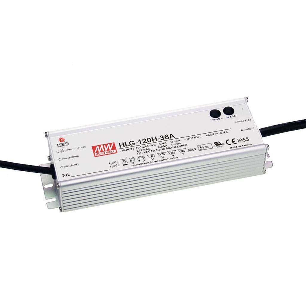 MEAN WELL HLG-120H-12 AC-DC Single output LED driver Mix mode (CV+CC) with built-in PFC; Output 12Vdc at 10A; IP67; Cable output