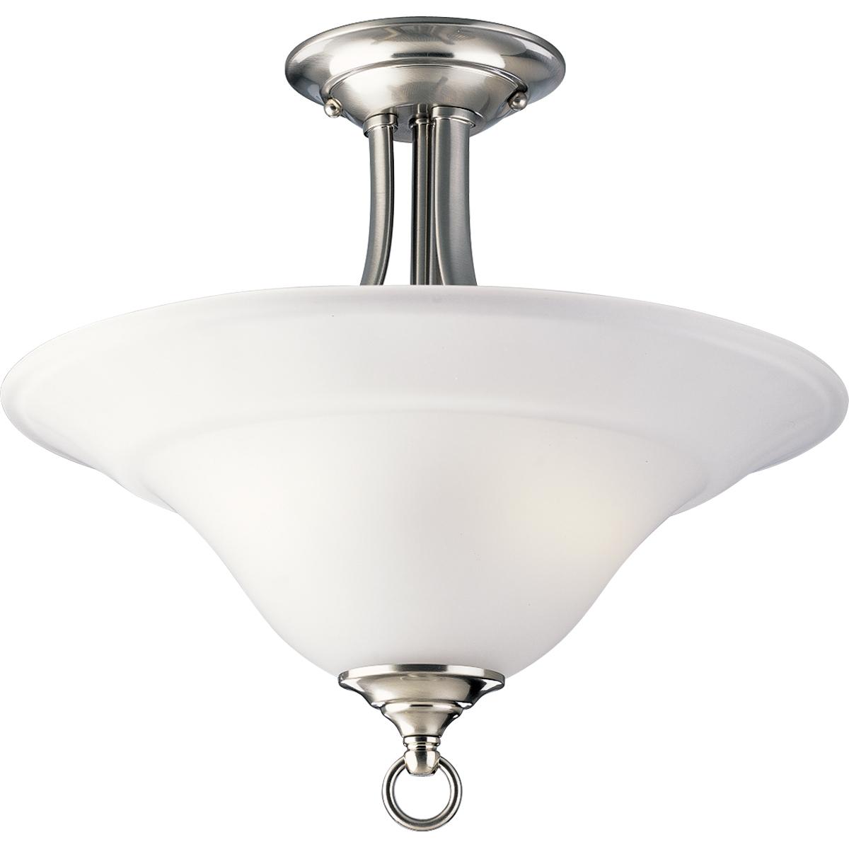 Hubbell P3473-09 Two-light semi-flush close-to-ceiling fixture featuring soft angles, curving lines and etched glass shades. Gracefully exotic, the Trinity Collection offers classic sophistication for transitional interiors. Sculptural forms of metal and glass are enhance