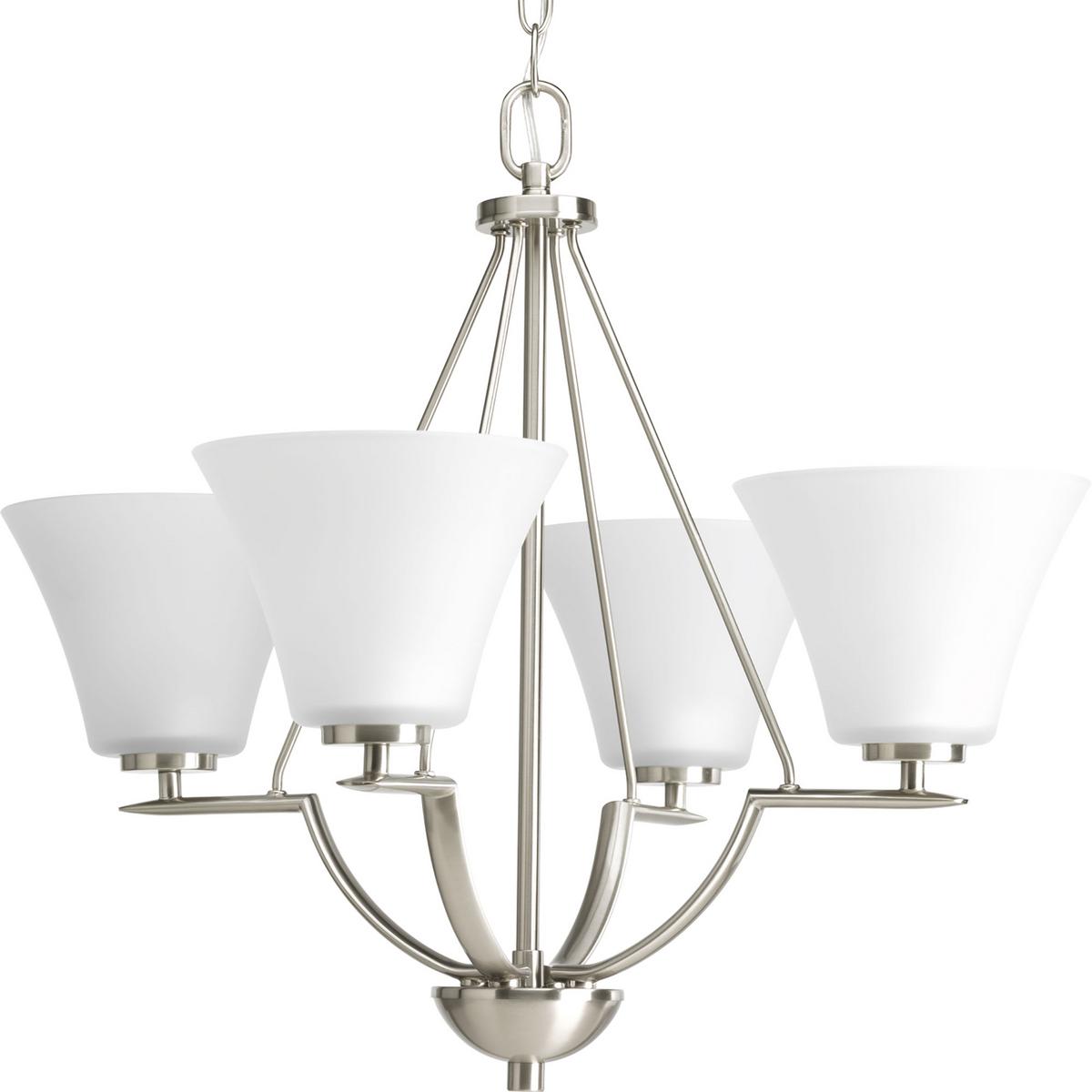 Hubbell P4622-09 Four-light chandelier with white etched glass from the Bravo collection. Linear elements stream throughout the fixture to compose a relaxed but exotic ambiance. Generously scaled glass shades add distinction against the Brushed Nickel finish and provide p