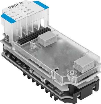 Festo 565934 input module CPX-P-8DE-N-IS Digital NAMUR input block, 8-channel, intrinsically safe. Dimensions W x L x H: (* (incl. interlinking block and connection technology), * 50 mm x 107 mm x 70 mm), Grid dimension: 50 mm, No. of inputs: 8, Diagnosis: (* Wire bre