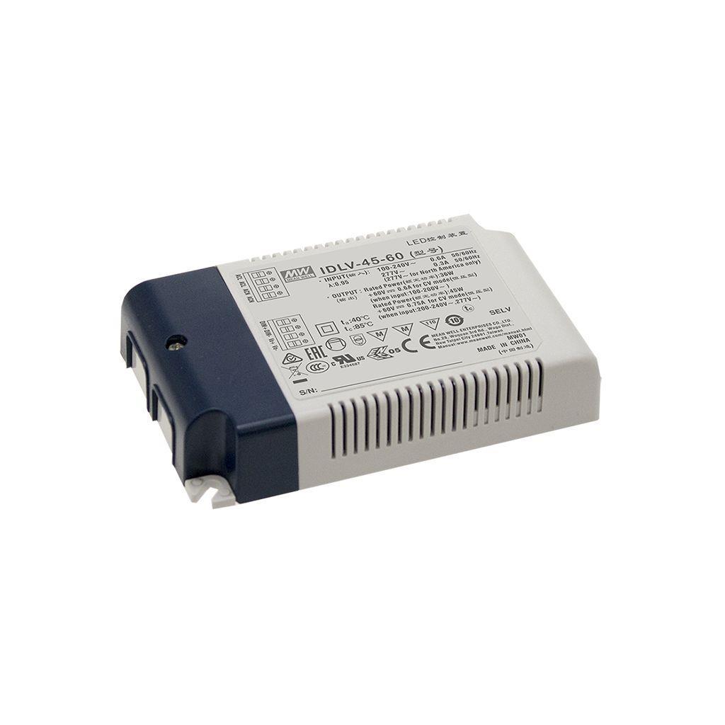 MEAN WELL IDLV-45-48 AC-DC Constant Voltage LED Driver (CV); Input range 90-295VAC; Output 48Vdc at 0.94A; 2 in 1 dimming with 0-10Vdc or PWM signal
