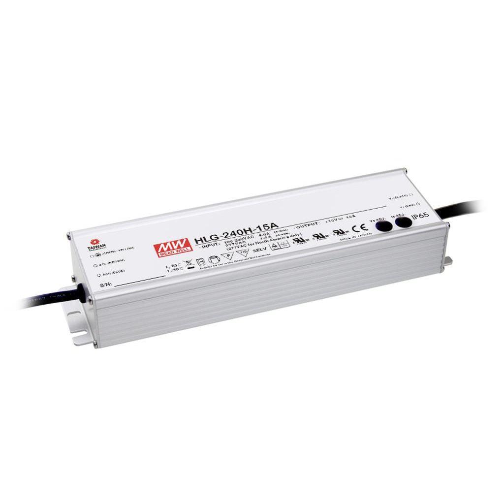 MEAN WELL HLG-240H-15A AC-DC Single output LED driver Mix mode (CV+CC) with built-in PFC; Output 15Vdc at 15A; IP65; Cable output; Dimming with Potentiometer