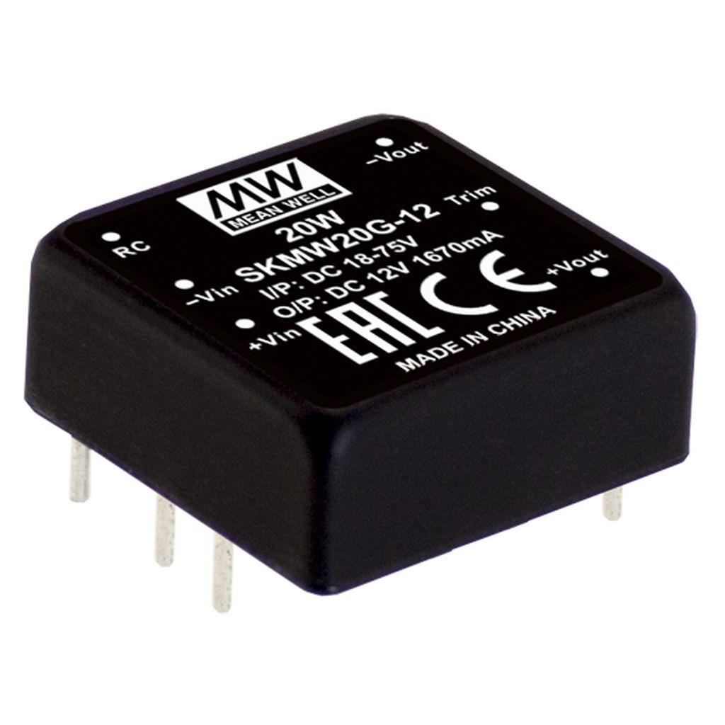 MEAN WELL SKMW20F-12 DC-DC Converter PCB mount; Input 9-36Vdc; Single Output 12Vdc at 1.67A; DIP Through hole package; 1" x 1" ultra compact size; Remote ON/OFF