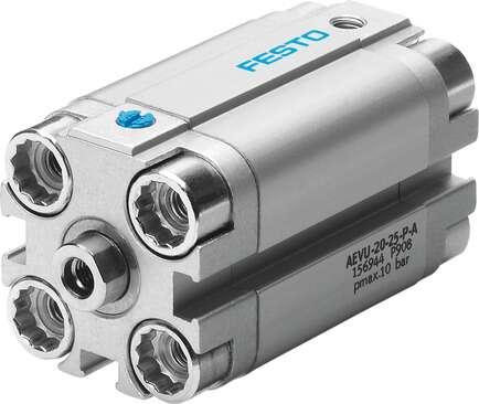 Festo 156942 compact cylinder AEVU-20-15-P-A For proximity sensing, piston-rod end with female thread. Stroke: 15 mm, Piston diameter: 20 mm, Cushioning: P: Flexible cushioning rings/plates at both ends, Assembly position: Any, Mode of operation: (* single-acting, * p