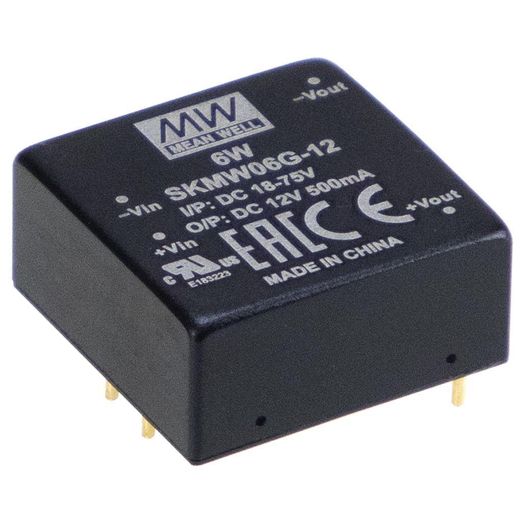 MEAN WELL SKMW06G-24 DC-DC Converter PCB mount; Ultrawide input 18-75Vdc; Single Output 24Vdc at 0.25A; DIP Through hole package; 1" x 1" compact size