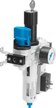 Festo 195033 service unit LFRS-1/4-D-MINI-KF-A With lockable regulator head and pressure gauge, for nominal pressure 12 bar, for unlubricated compressed air. Size: Mini, Series: D, Actuator lock: Rotary knob with integrated lock, Assembly position: Vertical +/- 5°, Gr