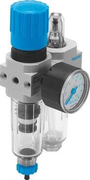 Festo 527861 service unit FRC-M5-D-7-5M-MICRO-H Without threaded connection plate, with pressure gauge, semiautomatic condensate drain Size: Micro, Series: D, Actuator lock: Rotary knob with lock, Assembly position: Vertical +/- 5°, Condensate drain: semi-automatic