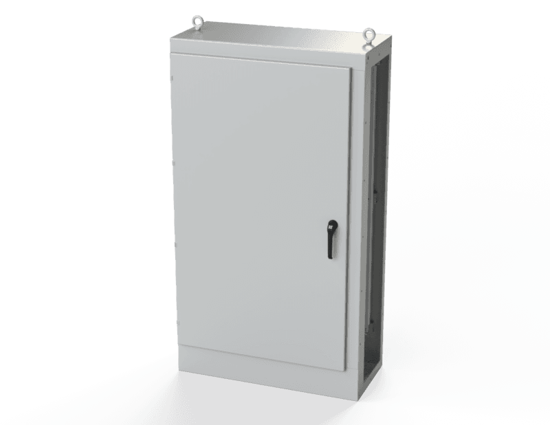 Saginaw Control SCE-MOD724018 1DR MOD Enclosure, Height:72.00", Width:40.00", Depth:18.00", ANSI-61 gray powder coating inside and out. Sub-panels are powder coated white.