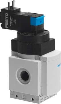Festo 532043 soft-start valve MS6N-DE-3/8-V110 Electrical, for gradual pressure build-up, direction of flow: from left to right. Type of actuation: electrical, Assembly position: Any, Manual override: (* detenting, * Pushing), Design structure: Piston seat, Type of re