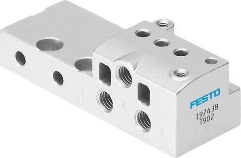 Festo 197438 individual sub-base MHA2-AS-3-M5 for manifold block valves MHA2-...-HC/TC Corrosion resistance classification CRC: 2 - Moderate corrosion stress, Mounting method for sub-base: with through hole, Mounting method for valve: with internal (female) thread, Pn