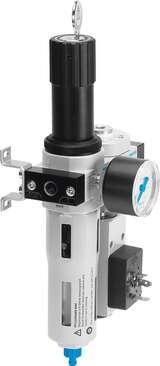 Festo 195031 service unit LFRS-1/4-D-MINI-KE-A With lockable regulator head and pressure gauge, for nominal pressure 12 bar, for unlubricated compressed air. Size: Mini, Series: D, Actuator lock: Rotary knob with integrated lock, Assembly position: Vertical +/- 5°, Gr