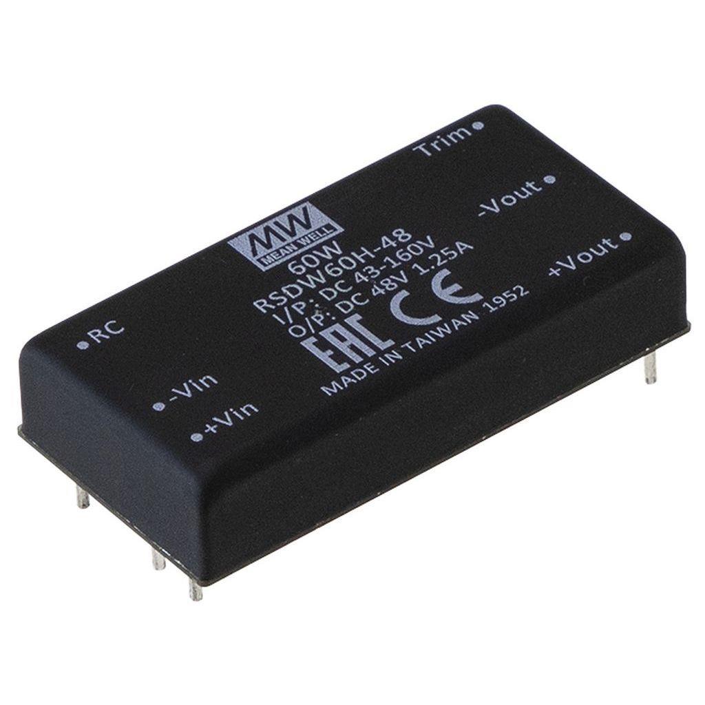 MEAN WELL RSDW60F-24 DC-DC Railway Single Output Converter; Input 9-36VDC; Output 24VDC at 2.5A; 1.6KVDC I/O isolation; DIP Through hole package; Remote ON/OFF
