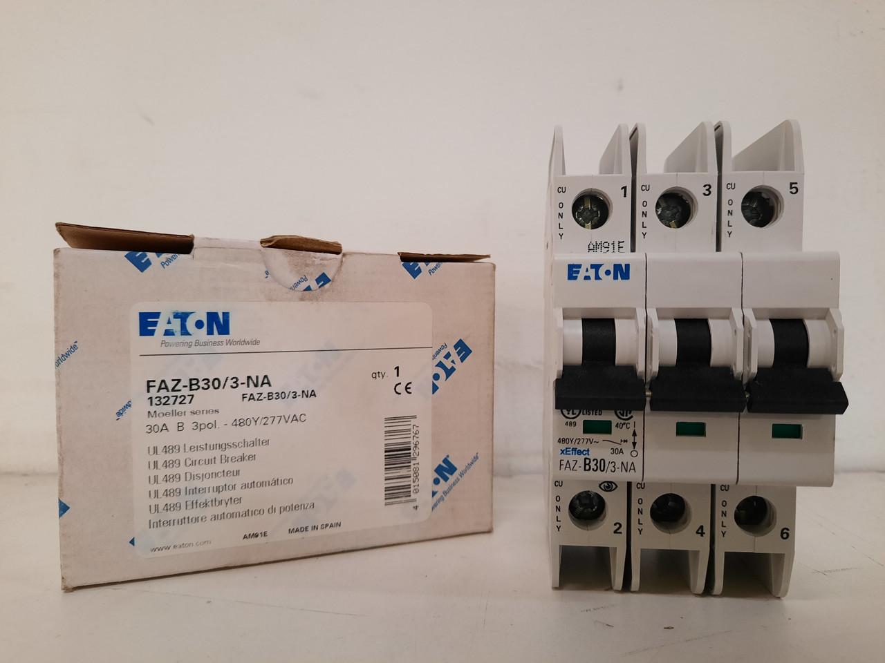 Eaton FAZ-B30/3-NA 277/480 VAC 50/60 Hz, 30 A, 3-Pole, 10/14 kA, 3 to 5 x Rated Current, Screw Terminal, DIN Rail Mount, Standard Packaging, B-Curve, Current Limiting, Thermal Magnetic