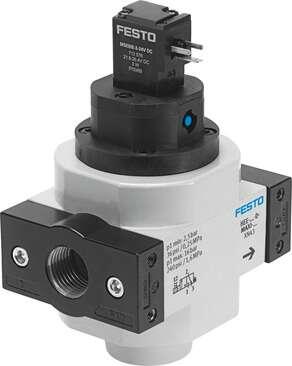 Festo 172955 on-off valve HEE-1-D-MAXI-230 Used in conjunction with service units. Design structure: Piston slide, Type of actuation: electrical, Sealing principle: soft, Exhaust-air function: not throttleable, Manual override: detenting