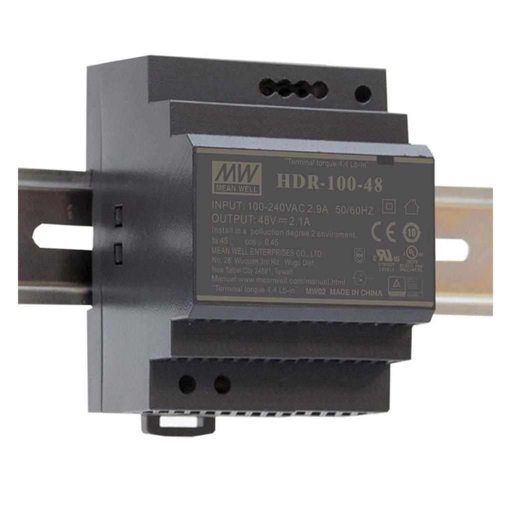 MEAN WELL HDR-100-15N AC-DC Ultra slim DIN rail power supply; Input range 85-264VAC; Output 15VDC at 6.5A; Non-LPS