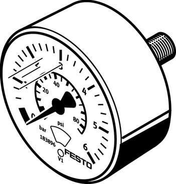 Festo 183896 pressure gauge MA-23-6-R1/8 With display unit in bar and psi. Indicating range [bar]: 0 - 6 bar, Nominal size of pressure gauge: 23, Design structure: Bourdon-tube pressure gauge, Mounting type: Line installation, Operating medium: (* Inert gases, * Neutr