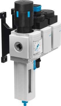 Festo 550513 service unit combination MSB6N-1/2:J4D7A1-WP Comprising filter regulator, electrical on-off valve, pneumatic soft-start valve, wall mounting plate. Maximum output pressure 9 bar, 5 µm filter, with pressure gauge, lockable regulator head, plastic bowl with