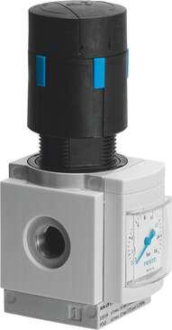 Festo 529485 pressure regulator MS4-LRB-1/4-D7-AS For manifold assembly, 12 bar maximum output pressure, with pressure gauge, lockable regulator head, P2 connection at rear. Size: 4, Series: MS, Actuator lock: (* Rotary knob with lock, * with accessories, lockable), A