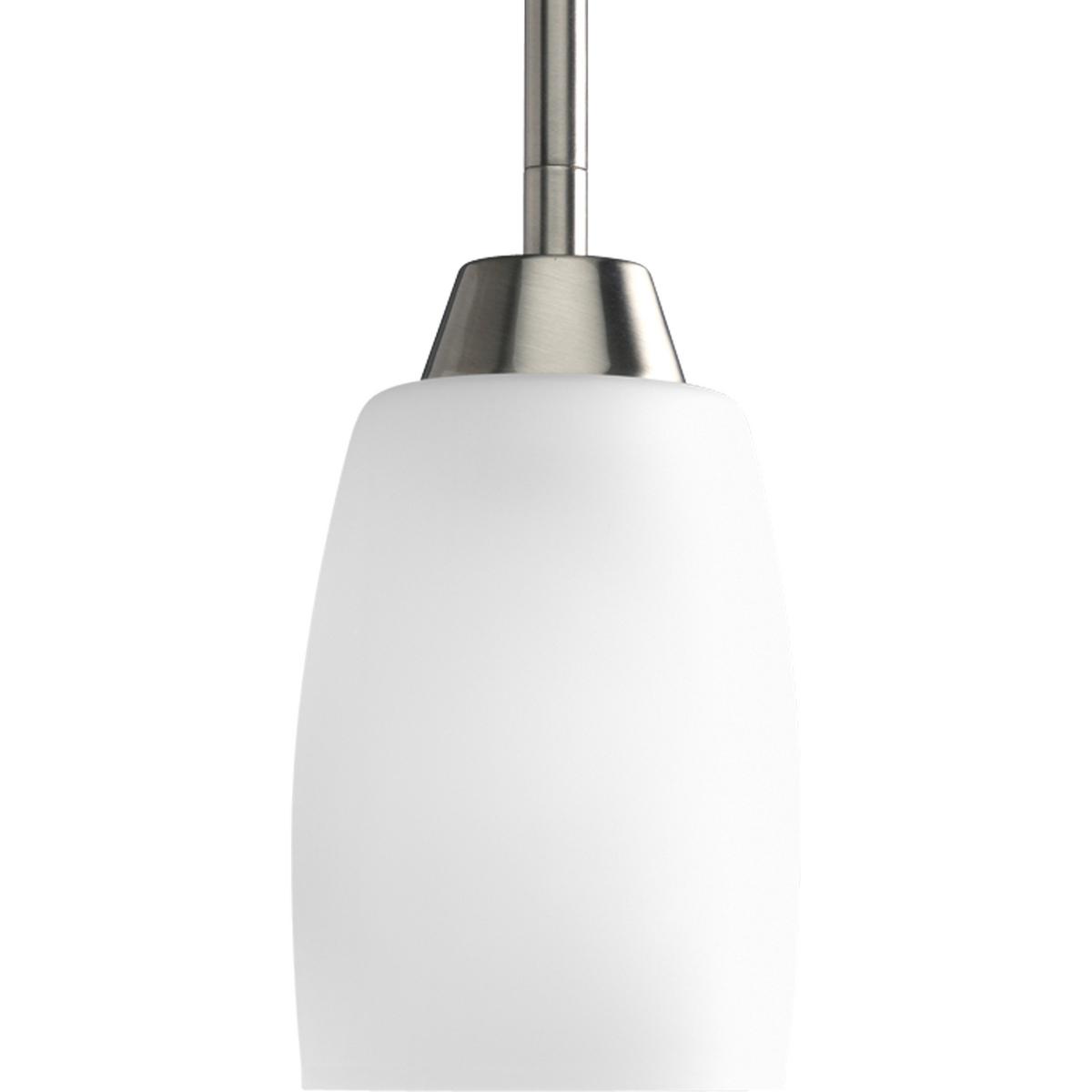 Hubbell P5108-09 The Wisten Collection features sweeping arcs framing elegant, tapered glass shades. Cool and modern with a casual flair, Wisten provides a signature look to any room. One-light mini-pendant with etched glass in a Brushed Nickel finish.  ; Sweeping arms fr